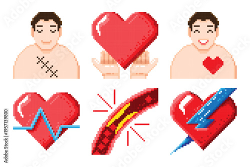 Heart surgery pixel art icons set including a patient with stitches, coronary artery occlusion, and medical procedures for cardiac health. Vector illustration.