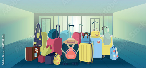 Colorful collection of suitcases and travel bags standing together in an airport terminal hall.