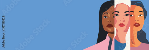 Equality Day. Women's Day. Portraits of different beautiful bright women, symbol of freedoms, gender equality and women's empowerment. Vector banner with place for text for women's projects