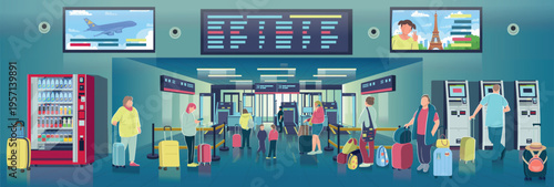 Busy airport security checkpoint with travelers passing through scanners and preparing luggage for inspection.