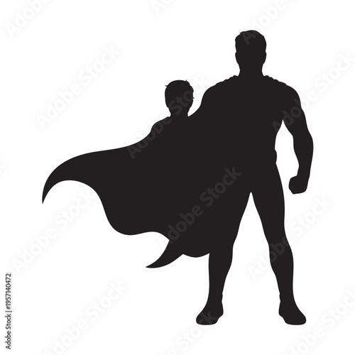 Silhouette of adult and child superheroes in black color with dynamic cape flying in the wind for family and kids illustration
