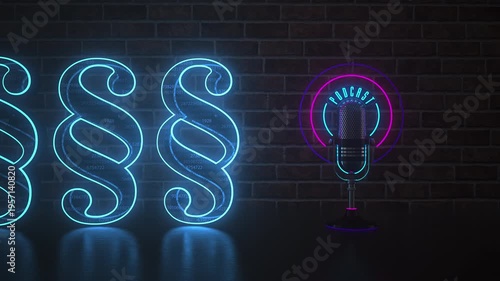 Podcast Mic with Paragraph Symbols and Digital Data Background. 4k video ProRes 4444.