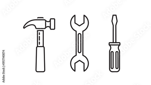Tools icons set hammer wrench screwdriver DIY repair line art symbols isolated on white