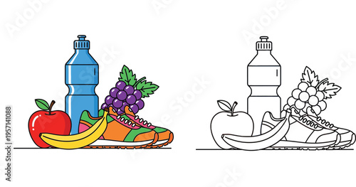 Healthy Lifestyle Fitness Concept with Fruit Water Bottle and Sneakers in Colored and Outline Line Art Style for Coloring Book and Wellness Design Vector Illustration