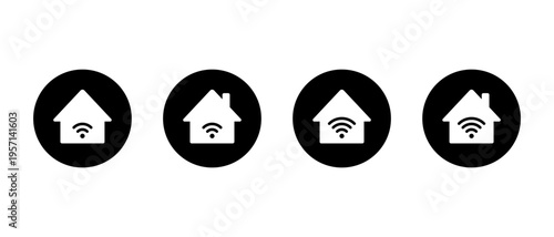 Smart house wifi signal icon set in black circle. Wireless home network symbol