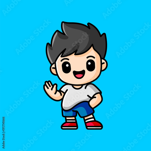 Cute Little Boy Cartoon Character Illustration, Adorable Kid Waving Pose Mascot Design