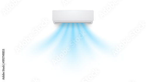 Air conditioner airflow depicted as cool blue streams coming from wall mounted unit. Image shows gentle distribution of cold air in clean minimal style. Modern vector illustration.