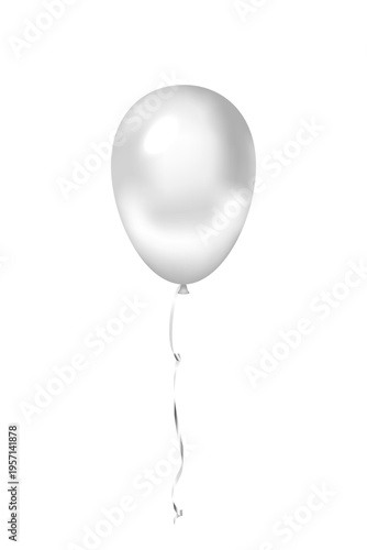 White silver metallic birthday 3d balloon. Color glossy metal balloon with smooth reflections isolated on white. Party, birthday, anniversary decoration element. Festive realistic vector illustration.