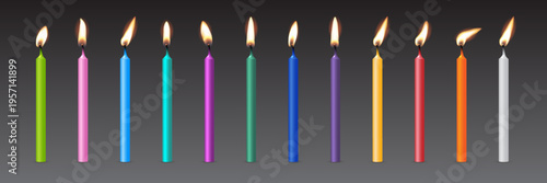 Birthday candles for cake. 3d birthday candles with different colors and glowing flames. Colorful party decoration elements for happy celebration. Festive realistic vector illustration.