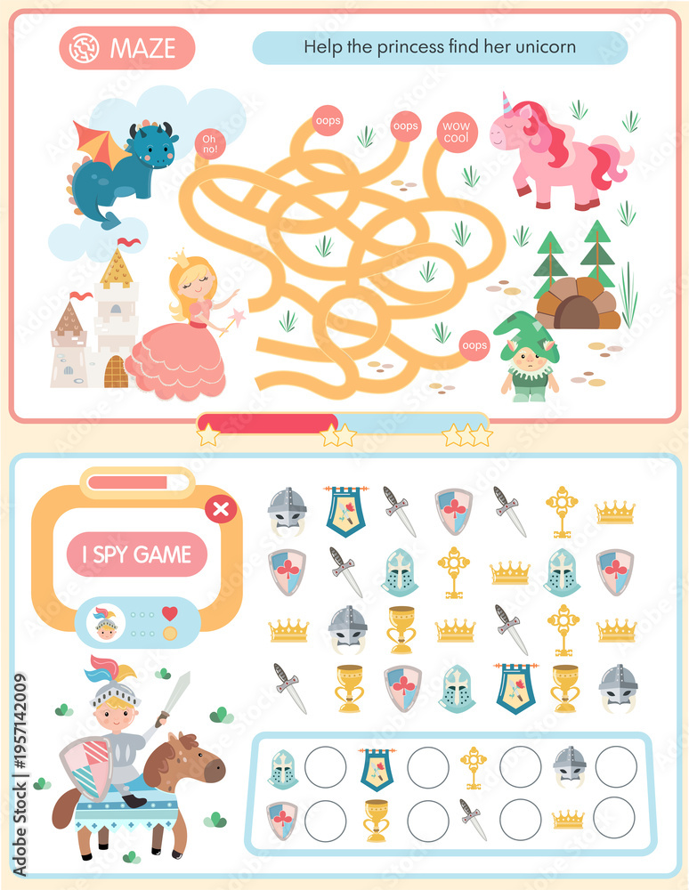 Fototapeta premium Medieval fantasy activity set for kids: maze and I spy game featuring knight, princess, dragon, and unicorn. Educational cartoon illustrations for children. Printable activity page.