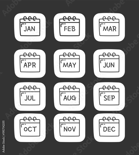 Monthly calendar black and white line drawing sticker pack. Month labels. Yearly organizer. From January to December. Doodle outline illustrations. Planner icons. Monochrome printable cliparts kit