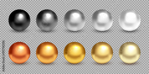 Metal balls. 3D golden silver bronze metallic spheres with reflections and shadows. Set of shiny reflective bead, bullet, pearl, crystal. Realistic vector illustration.