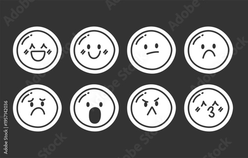 Cute emotions emojis black and white line drawing sticker pack. Kawaii mood. Reactions expressions. Doodle outline illustrations. Minimal planner icons labels design. Monochrome printable cliparts kit