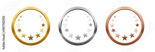 Gold, silver and bronze circular award frames with glowing stars on white. Shiny metallic rings symbolizing first, second and third place. Luxury badge set. Realistic vector illustration.