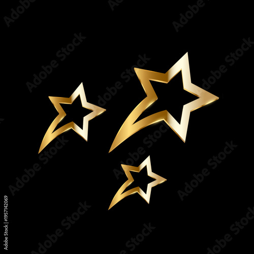 Golden stars. Three 3d golden star outlines with curved tail streak on dark background with soft shine glow edges. award, winner. trophy, success, quality symbol. Luxury realistic vector illustration.