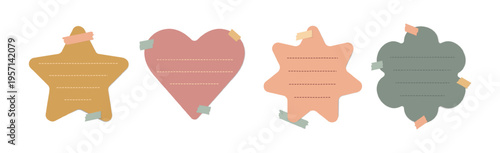Paper memo sticker set vector. Pastel sticky notes in heart, star and flower shapes with washi tape for journaling, office notes and reminder design.
