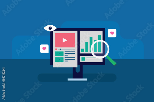 Analytics of video views, reach, audience engagement, and revenue generation form social media video content using analytics tools.