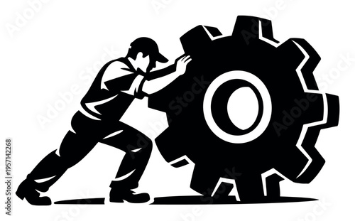 Worker wearing a cap and pushing a massive gear, embodying dedication, perseverance, and robust industrial power