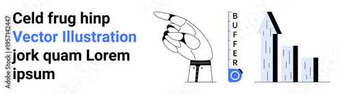 Business growth, process optimization, productivity tools, buffer systems, modern graphics, data presentation. A robotic hand points to BUFFER beside a growing chart. Business growth, productivity