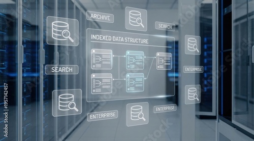 Data Indexing: Archive search in enterprise platform with floating database and tag icons
