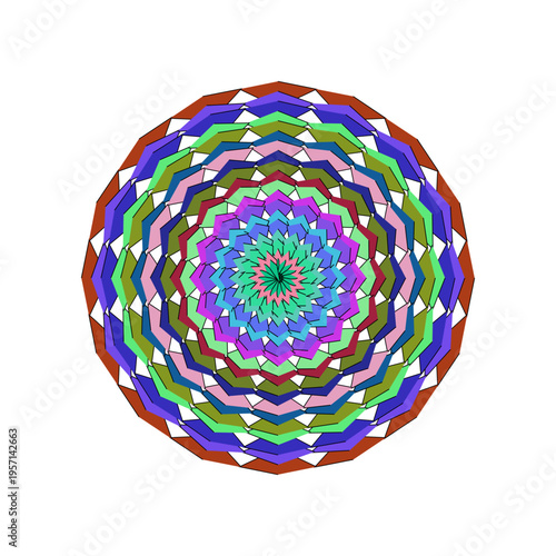 Vibrant Colorful Geometric Mandala Vector Illustration with Concentric Zigzag Pattern on White Background