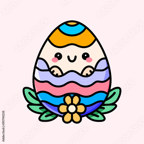 Decorative Easter Egg Cartoon Illustration, Spring Holiday Ornament with Floral Elements