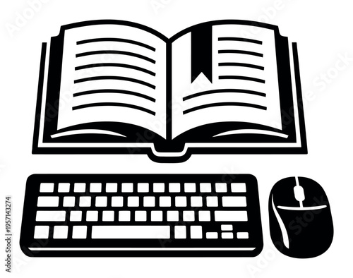Open book, keyboard, and mouse representing internet distant learning, digital education, online courses, and academic study