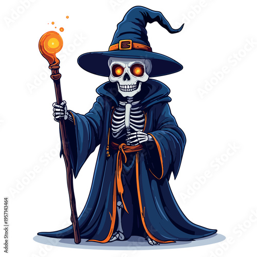 Wizard Skeleton Illustration: An illustrated wizard skeleton, dressed in a long, flowing robe and a tall hat, holding a glowing staff, is the perfect embodiment of spooky fantasy.