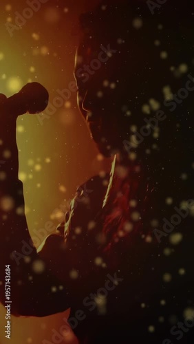 Vertical video: Woman musician playing keys and reaching mic, causing singing for music with haze