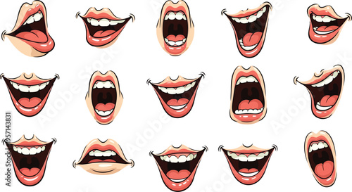Retro comic style vector collection of laughing female red lips