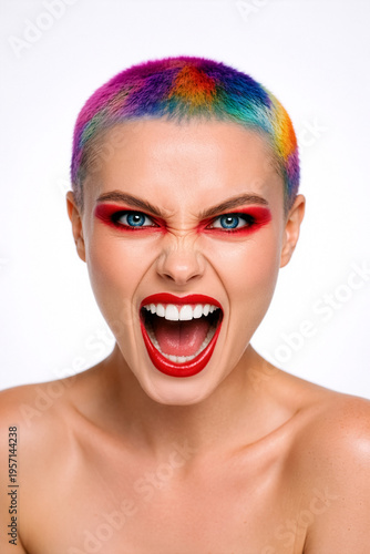 Portrait of beautiful young fashionable woman with rainbow buzz cut haircut looking proud