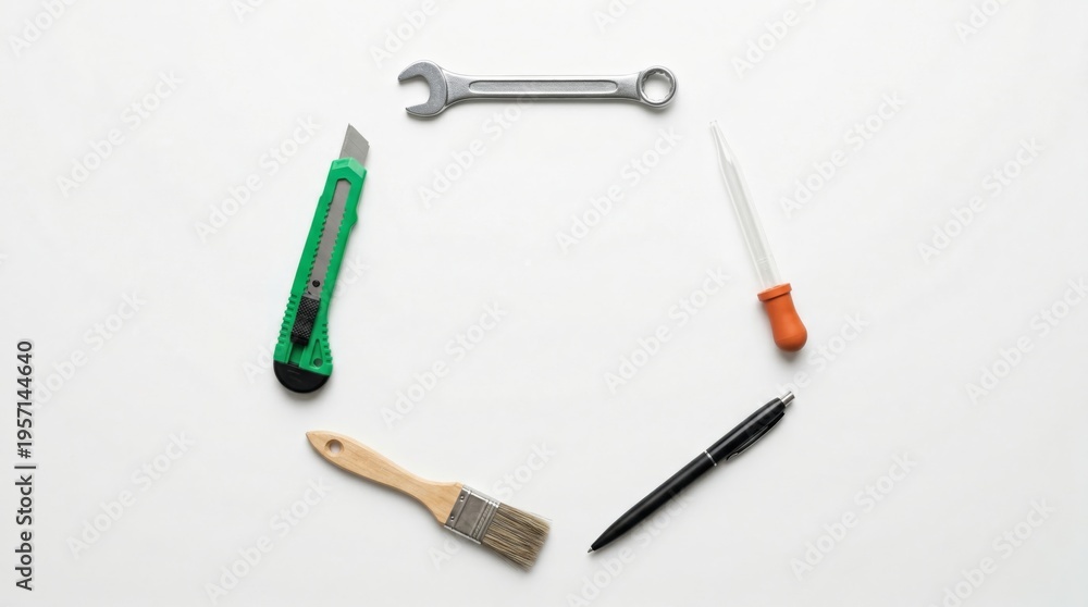 Fototapeta premium Arrangement of diverse tools in a hexagon shape on a white background showcasing craftsmanship and DIY projects