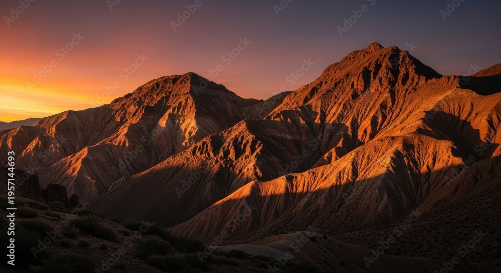 Fototapeta premium Majestic mountain peaks bathed in golden sunset light showcasing dramatic natural beauty and rugged terrain