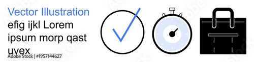 Time management, success, productivity, business organization, workflow optimization, task completion. A checkmark, stopwatch and briefcase in a clean line style. Time management and success concept