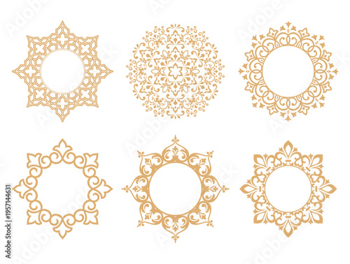 Set of decorative frames Elegant vector element for design in Eastern style, place for text. Floral golden and white frames. Lace illustration for invitations and greeting cards