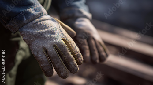 Detailed close up of dirty work gloves covered with dust and residue symbolizing physical effort and hands-on work. The texture of the material reflects long hours of labor. Soft lighting enhances