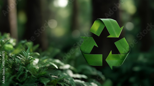 Green recycling emblem formed from leaves and plants placed within forest scenery representing climate awareness environmental protection and responsible resource use cinematic color correction,