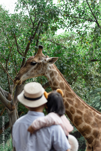 A Chinese father and his daughter visiting the zoo and feeding a giraffe