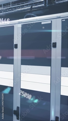 Vertical video: Numbers popping causing view gliding as HUD tags drifting over 3 racks showing data