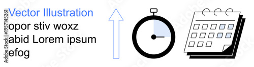 Time management, productivity, project planning, efficiency tracking, deadline reminders, organization. Stopwatch, upward arrow and calendar icons. Time management and productivity concept