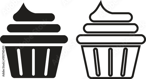 Two black and white cupcake icons, one solid and one outline, representing sweet baked goods with frosting.