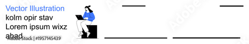 Remote work, digital collaboration, productivity, workplace efficiency, modern technology, freelancing. Woman sitting on block using laptop. Remote work and productivity concepts