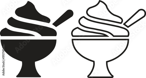 Black and white vector icons of ice cream sundaes in dessert bowls with spoons.