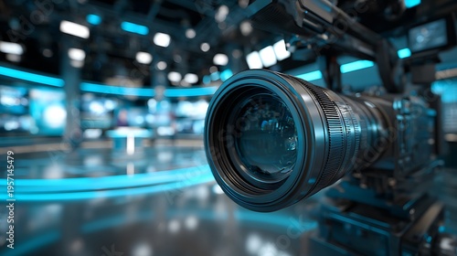 A professional camera captures a live broadcast from a modern studio with sleek technology.