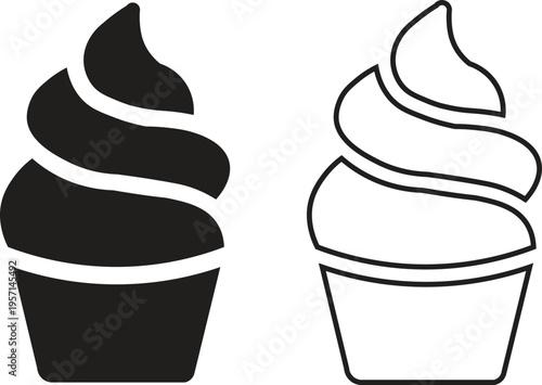Two simple graphic icons of a swirled dessert, one solid black and one outlined, resembling a cupcake or soft-serve ice cream.