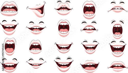 Cartoon vector set of pale lips showing diverse mouth expressions