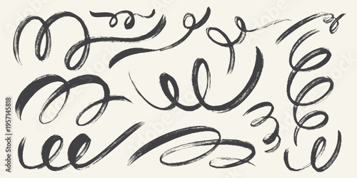 Collection of black swirl charcoal lines. Scribble curly brush strokes vector set with dry pencil textures. Hand drawn calligraphy swirls, thin squiggles, doodle style sketch elements for design use.