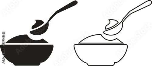 Black and white icons of a spoon scooping creamy food from a bowl, one solid and one outline style.