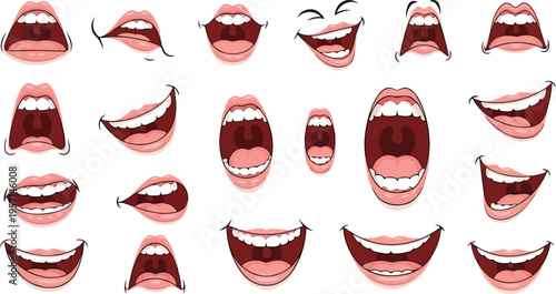Cartoon female face expressions collection with smile and laugh