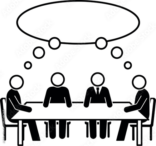 Black and white illustration of four people sitting around a table in a meeting